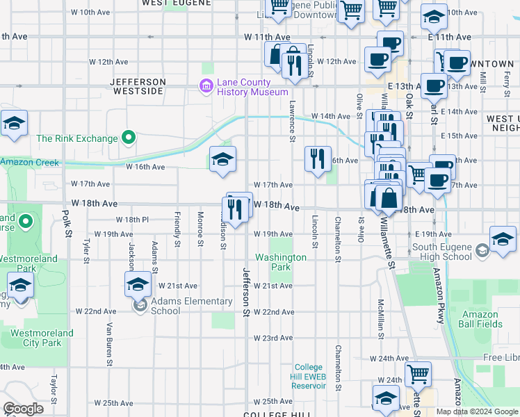 map of restaurants, bars, coffee shops, grocery stores, and more near 540 West 18th Avenue in Eugene