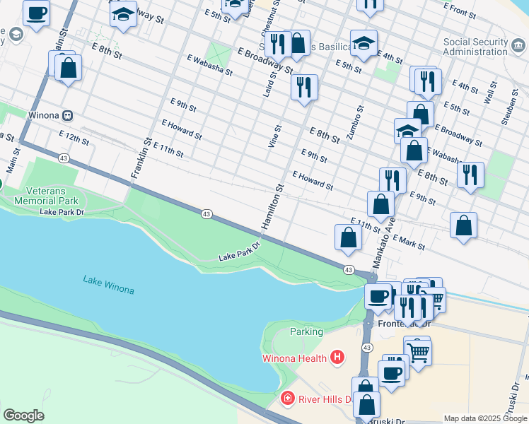map of restaurants, bars, coffee shops, grocery stores, and more near 558 East 12th Street in Winona