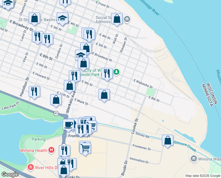 map of restaurants, bars, coffee shops, grocery stores, and more near 950 East 9th Street in Winona