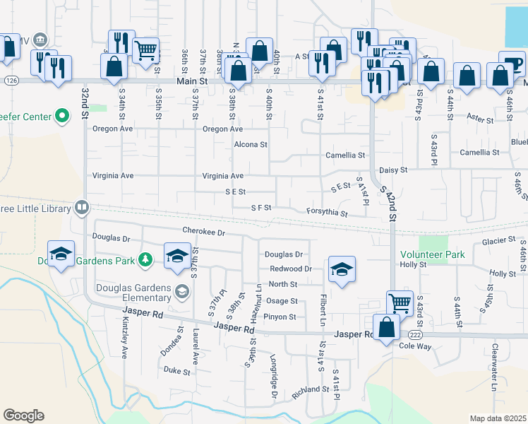map of restaurants, bars, coffee shops, grocery stores, and more near 3989 South F Street in Springfield