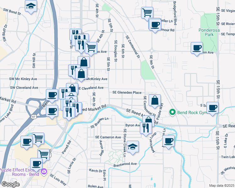 map of restaurants, bars, coffee shops, grocery stores, and more near 525 Southeast Gleneden Place in Bend