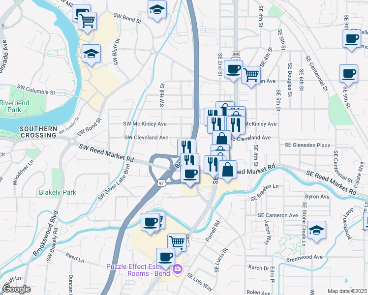 map of restaurants, bars, coffee shops, grocery stores, and more near 79 Bend Parkway in Bend