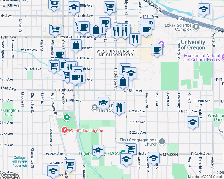 map of restaurants, bars, coffee shops, grocery stores, and more near 595 East 18th Avenue in Eugene