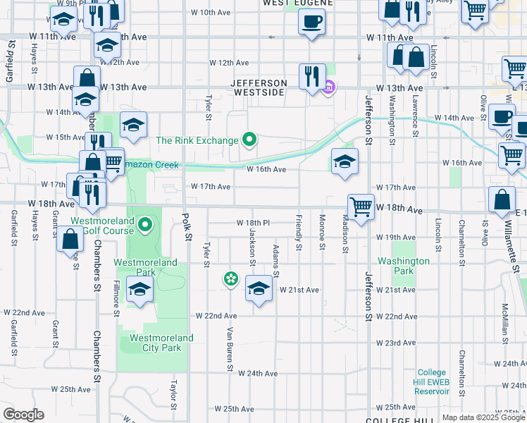 map of restaurants, bars, coffee shops, grocery stores, and more near 1815 Jackson Street in Eugene