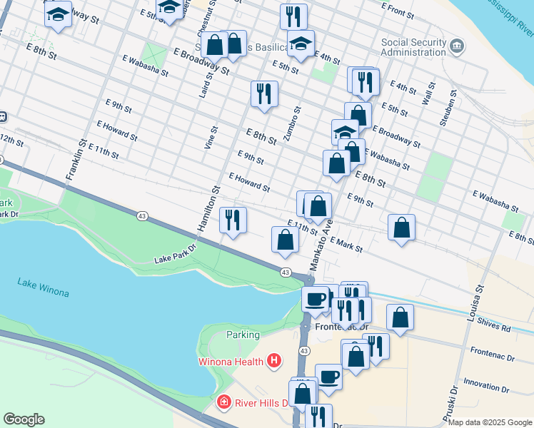 map of restaurants, bars, coffee shops, grocery stores, and more near 655 East Mark Street in Winona