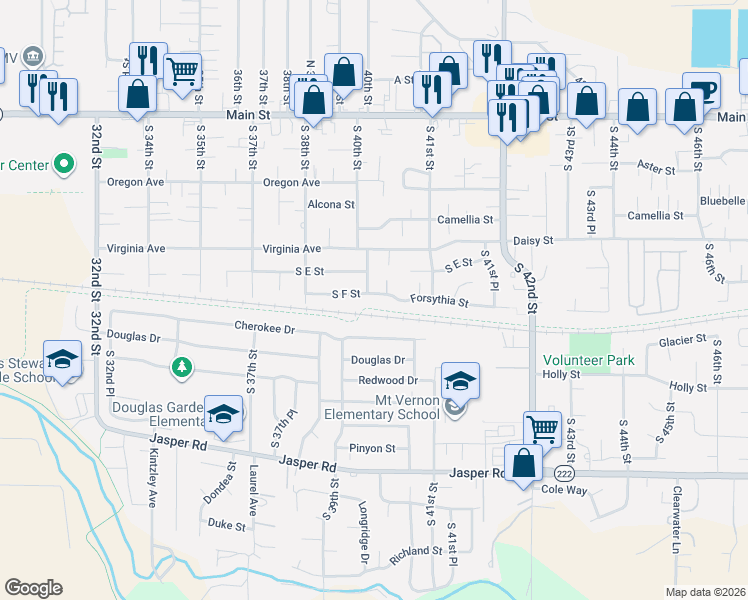 map of restaurants, bars, coffee shops, grocery stores, and more near 4005 South F Street in Springfield