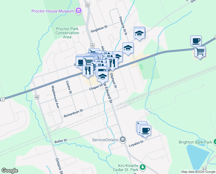 map of restaurants, bars, coffee shops, grocery stores, and more near 59 Prince Edward Street in Brighton