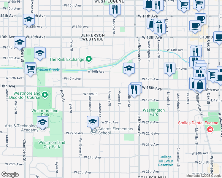 map of restaurants, bars, coffee shops, grocery stores, and more near 850 West 18th Avenue in Eugene