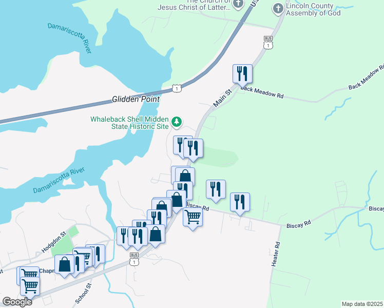 map of restaurants, bars, coffee shops, grocery stores, and more near 527 Main Street in Damariscotta