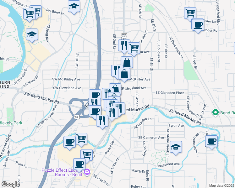 map of restaurants, bars, coffee shops, grocery stores, and more near in Bend