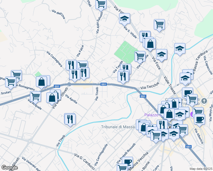 map of restaurants, bars, coffee shops, grocery stores, and more near 2 Via Pontinia in Massa