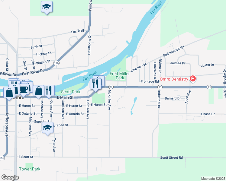 map of restaurants, bars, coffee shops, grocery stores, and more near 934 East Main Street in Omro