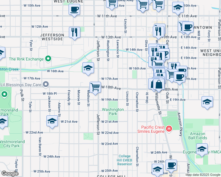 map of restaurants, bars, coffee shops, grocery stores, and more near 488 West 18th Avenue in Eugene