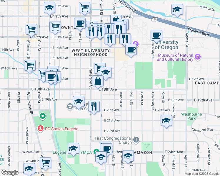 map of restaurants, bars, coffee shops, grocery stores, and more near 777 East 18th Avenue in Eugene
