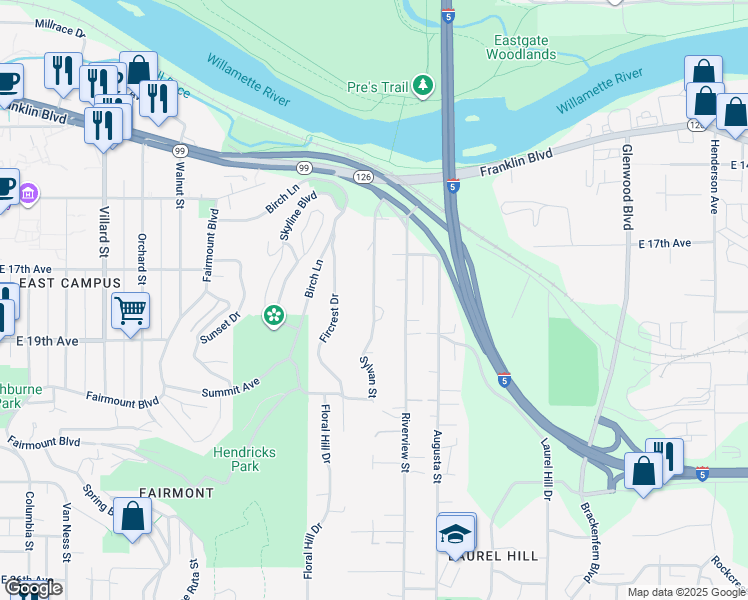 map of restaurants, bars, coffee shops, grocery stores, and more near Sylvan Street in Eugene