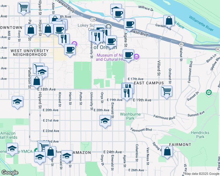 map of restaurants, bars, coffee shops, grocery stores, and more near 1433 East 18th Avenue in Eugene