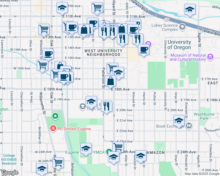 map of restaurants, bars, coffee shops, grocery stores, and more near in Eugene