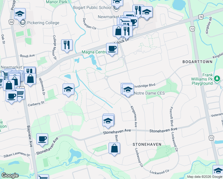 map of restaurants, bars, coffee shops, grocery stores, and more near 669 Kingsmere Avenue in Newmarket