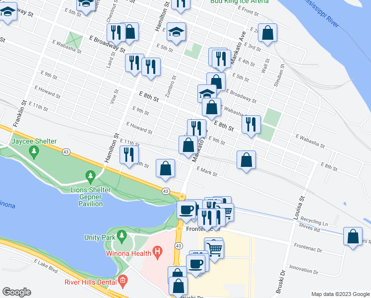 map of restaurants, bars, coffee shops, grocery stores, and more near 753 East Howard Street in Winona