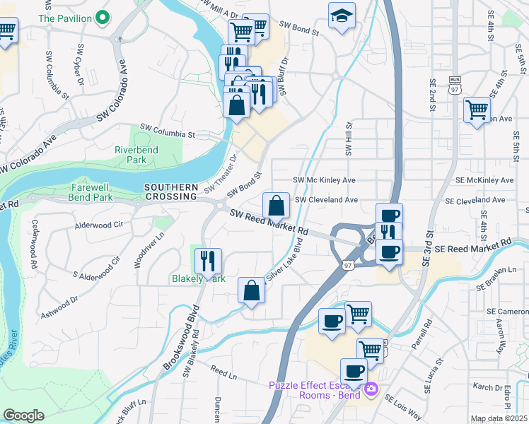 map of restaurants, bars, coffee shops, grocery stores, and more near 623 Southwest Peak View Place in Bend