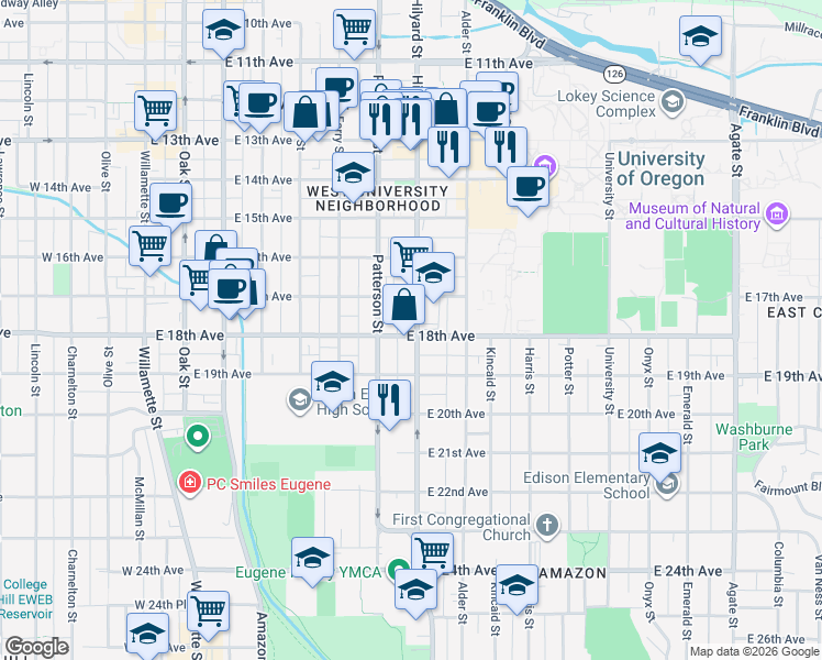 map of restaurants, bars, coffee shops, grocery stores, and more near 1796 Hilyard Street in Eugene