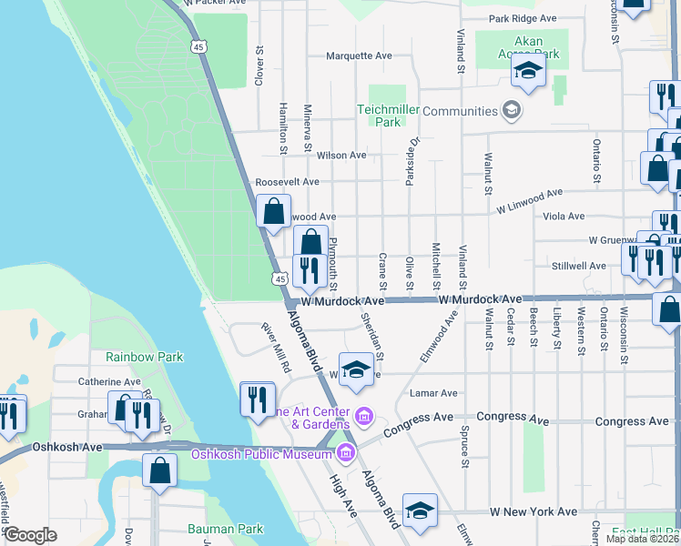 map of restaurants, bars, coffee shops, grocery stores, and more near 1846 Plymouth Street in Oshkosh