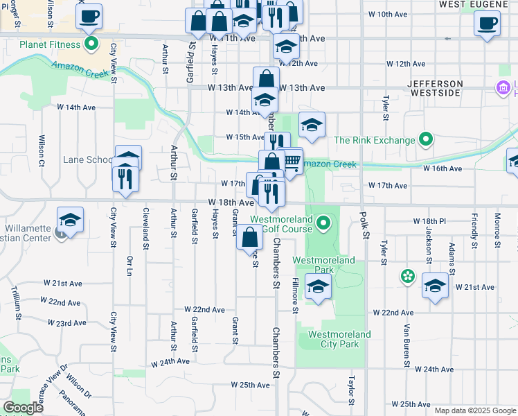 map of restaurants, bars, coffee shops, grocery stores, and more near 1744 West 18th Avenue in Eugene