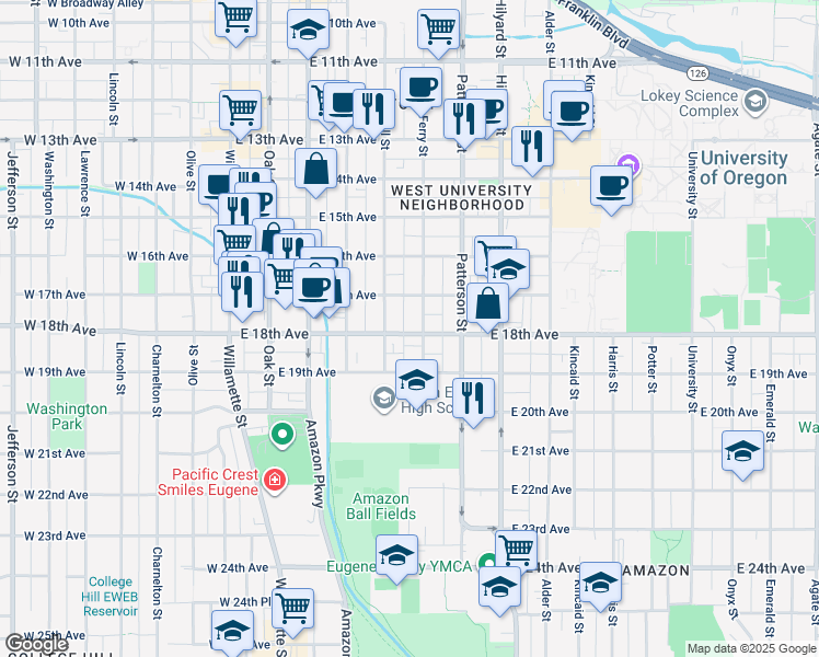 map of restaurants, bars, coffee shops, grocery stores, and more near 480 East 18th Avenue in Eugene