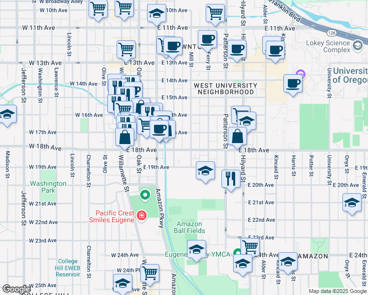 map of restaurants, bars, coffee shops, grocery stores, and more near 390 East 18th Avenue in Eugene