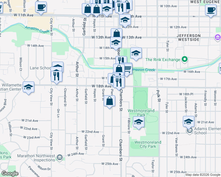 map of restaurants, bars, coffee shops, grocery stores, and more near 1825 Grant Street in Eugene