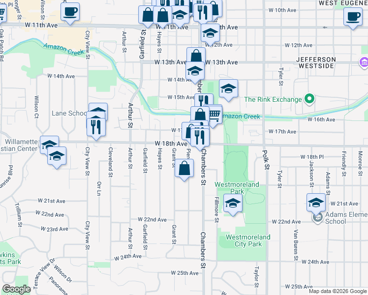 map of restaurants, bars, coffee shops, grocery stores, and more near 1825 Grant Street in Eugene