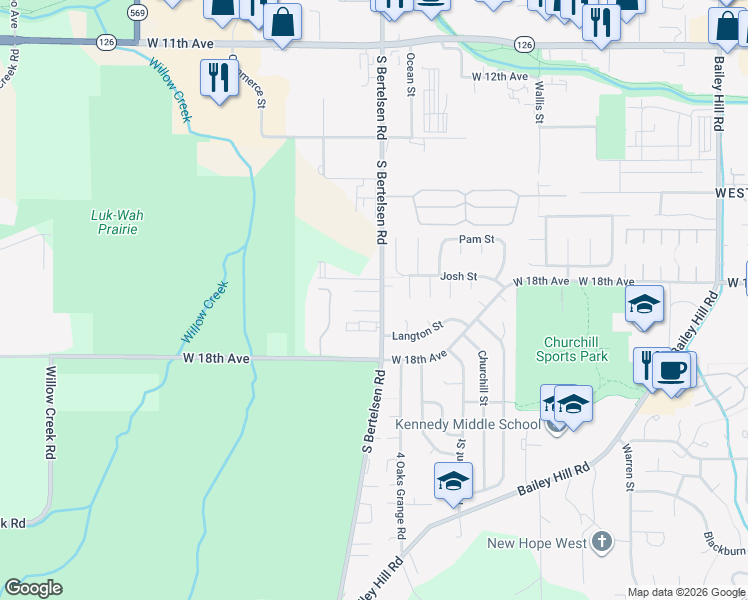 map of restaurants, bars, coffee shops, grocery stores, and more near 4143 London Court in Eugene