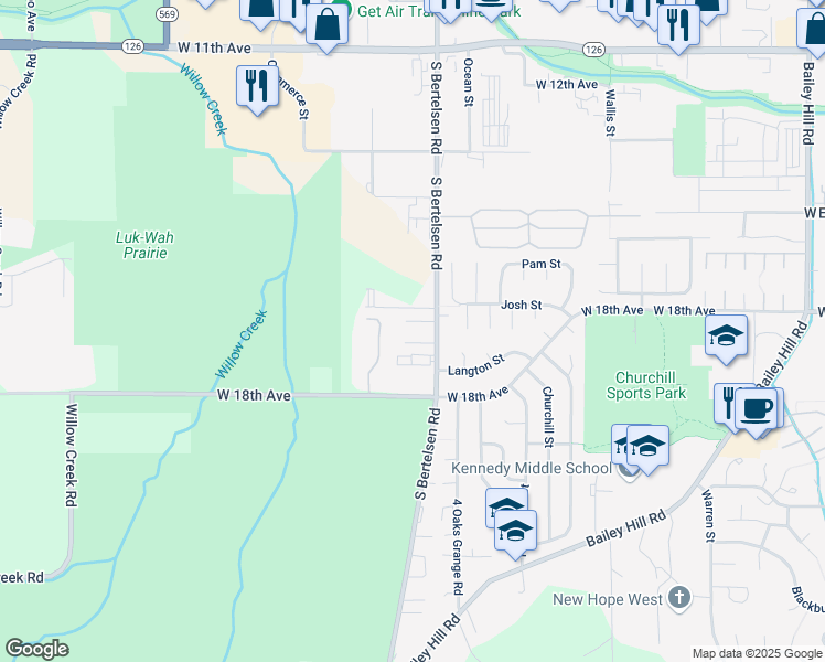 map of restaurants, bars, coffee shops, grocery stores, and more near 4143 London Court in Eugene