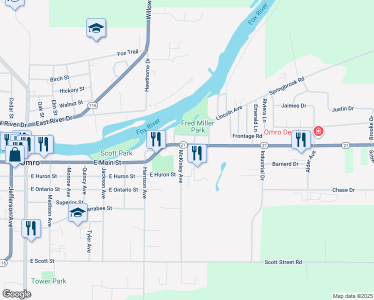 map of restaurants, bars, coffee shops, grocery stores, and more near 934 East Main Street in Omro