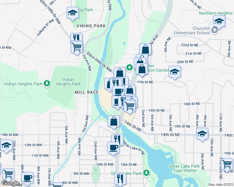 map of restaurants, bars, coffee shops, grocery stores, and more near 1633 North Broadway Avenue in Rochester