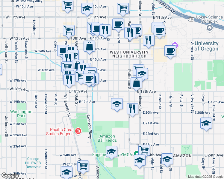 map of restaurants, bars, coffee shops, grocery stores, and more near 435 East 18th Avenue in Eugene