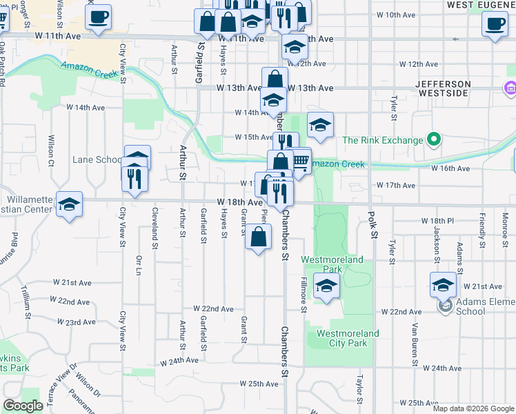 map of restaurants, bars, coffee shops, grocery stores, and more near 1825 Grant Street in Eugene
