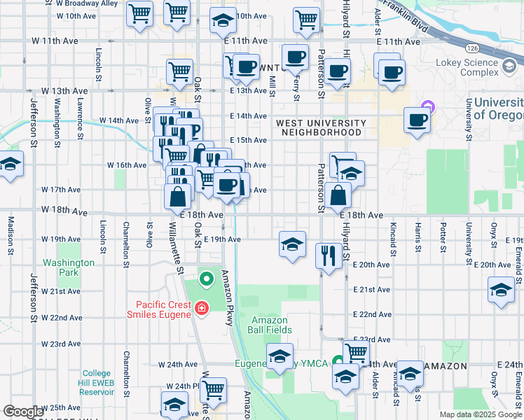map of restaurants, bars, coffee shops, grocery stores, and more near 390 East 18th Avenue in Eugene