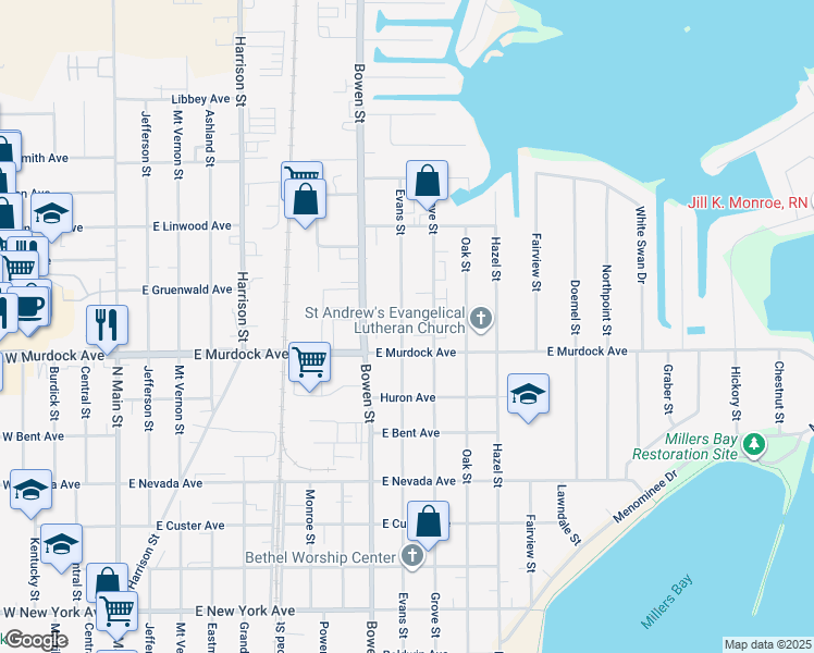 map of restaurants, bars, coffee shops, grocery stores, and more near 1860 Evans Street in Oshkosh
