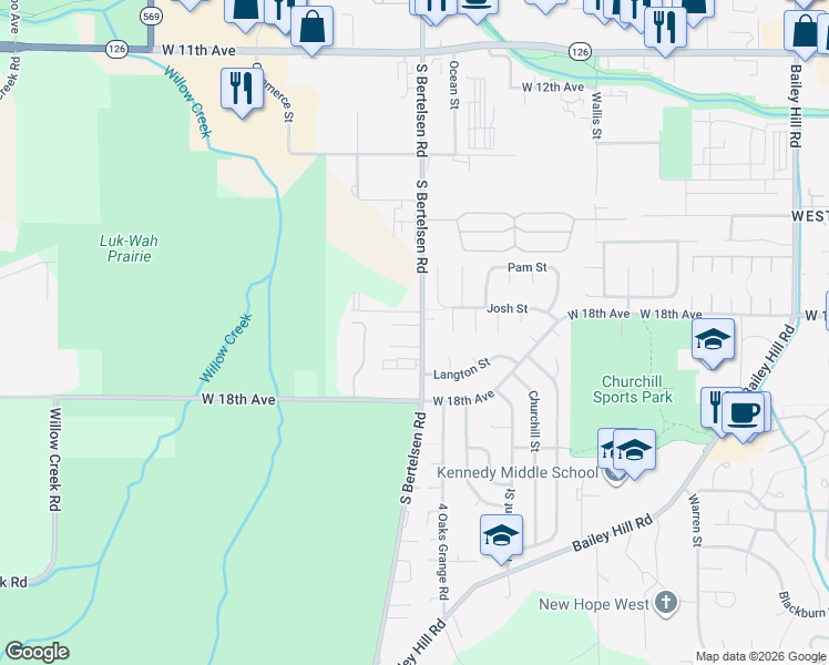 map of restaurants, bars, coffee shops, grocery stores, and more near 4143 London Court in Eugene