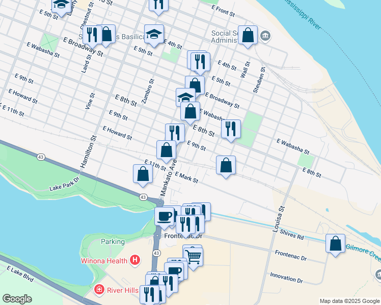 map of restaurants, bars, coffee shops, grocery stores, and more near 470 Chatfield Street in Winona