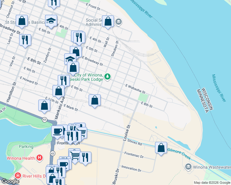 map of restaurants, bars, coffee shops, grocery stores, and more near 1053 East 8th Street in Winona