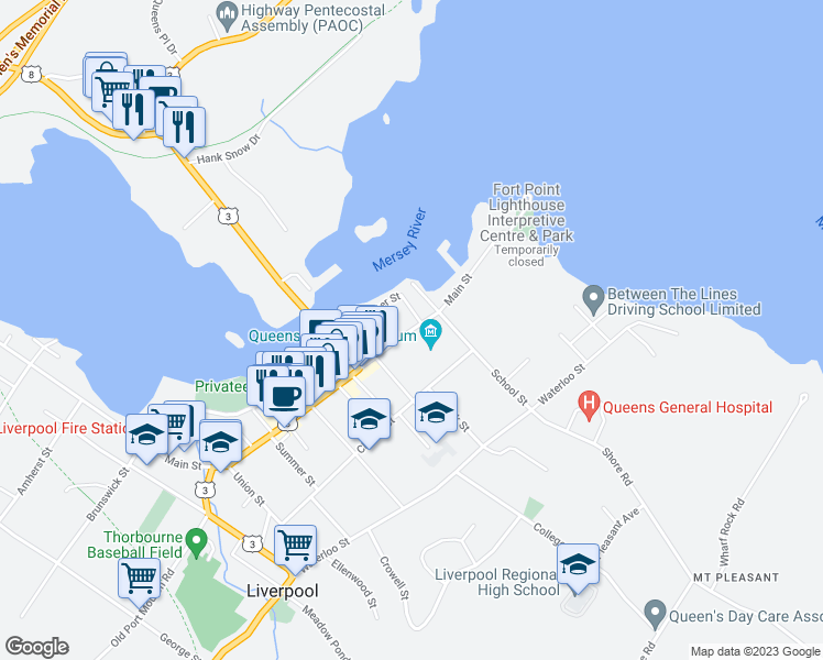 map of restaurants, bars, coffee shops, grocery stores, and more near 112 Main Street in Liverpool