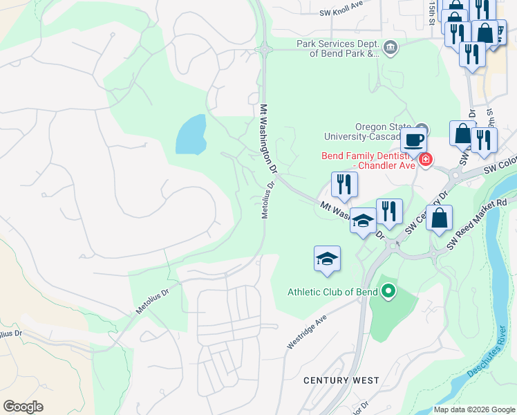 map of restaurants, bars, coffee shops, grocery stores, and more near 61683 Metolius Drive in Bend