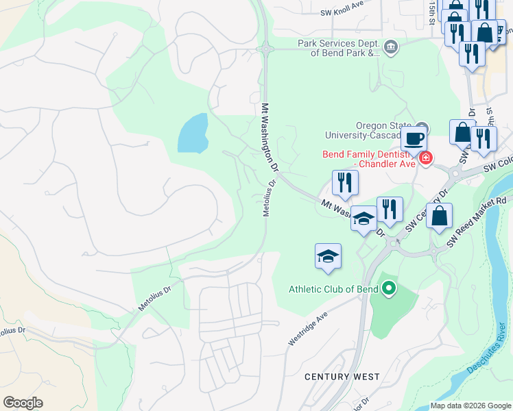 map of restaurants, bars, coffee shops, grocery stores, and more near 61683 Metolius Drive in Bend