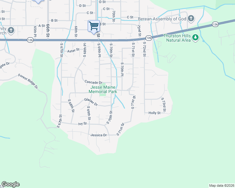 map of restaurants, bars, coffee shops, grocery stores, and more near 7047 South E Street in Springfield