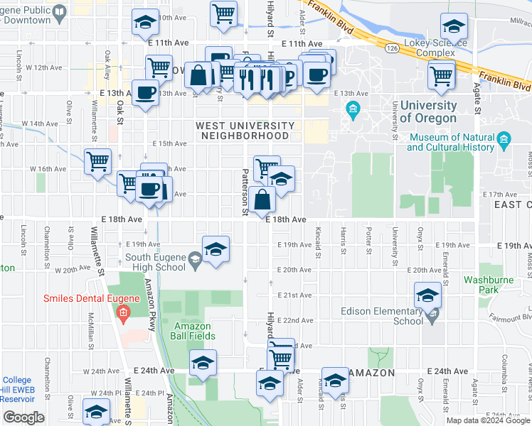 map of restaurants, bars, coffee shops, grocery stores, and more near in Eugene