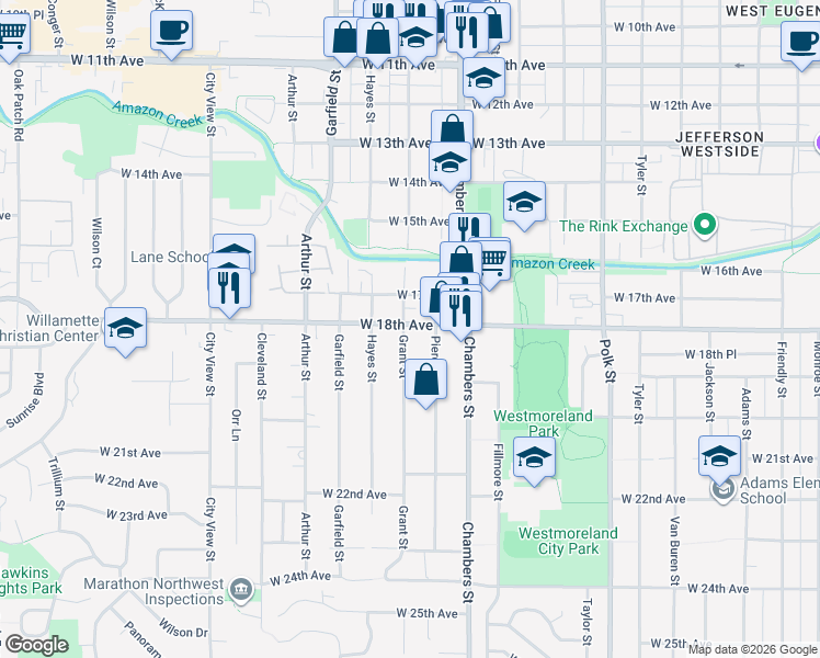 map of restaurants, bars, coffee shops, grocery stores, and more near 1825 Grant Street in Eugene