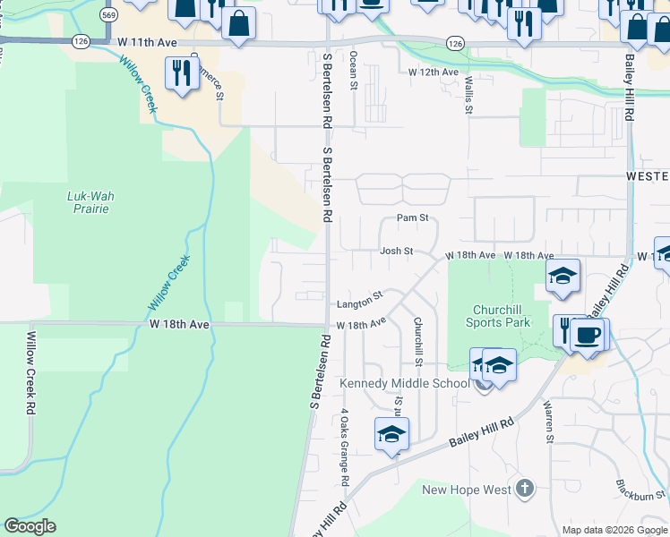 map of restaurants, bars, coffee shops, grocery stores, and more near 1633 South Bertelsen Road in Eugene