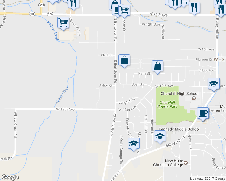 map of restaurants, bars, coffee shops, grocery stores, and more near 4143 London Court in Eugene